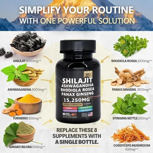 Vista 3 de Suplemento shilajit puro con ashwagandha, ginseng, rhodiola rosea, hongo cordyceps, ginkgo biloba, ortiga picante, cúrcuma, suplemento 8 en 1