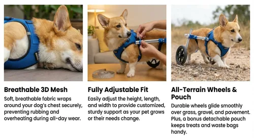 Vista 4 de Silla de ruedas para perros pequeños (0-40 libras/39.7 lbs), carrito de movilidad ajustable para mascotas con chaleco de arnés de malla transpirable