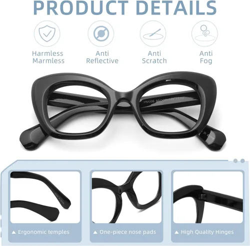 Vista 5 de Gafas de lectura de ojo de gato de gran tamaño para mujer, lentes de bloqueo de luz azul para computadora, estilo retro negro