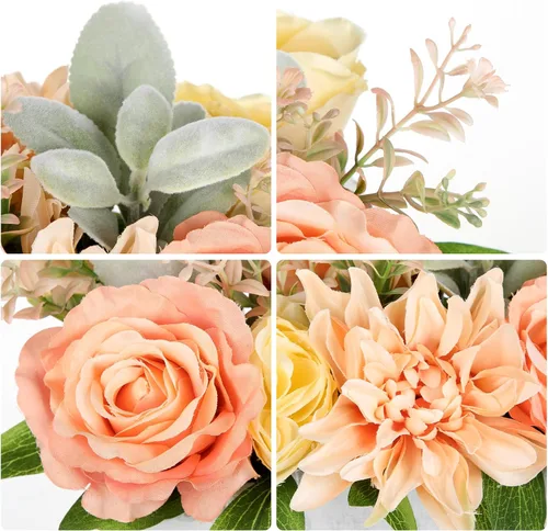Vista 3 de DILATATA Arreglo floral con jarrón de madera, flores artificiales de 10 pulgadas en maceta, flores falsas en jarrón rectangular de madera blanco