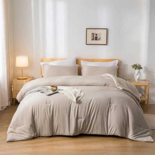 Vista 21 de weigelia Juego de edredón individual de 5 piezas beige en una bolsa, suave juego de ropa de cama Queen ligero para mujeres y hombres