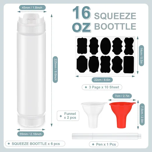 Vista 4 de Sabary 6 botellas exprimibles de condimentos de 16 onzas para salsa, botellas de plástico invertidas con calcomanías y embudo, válvula grande sin
