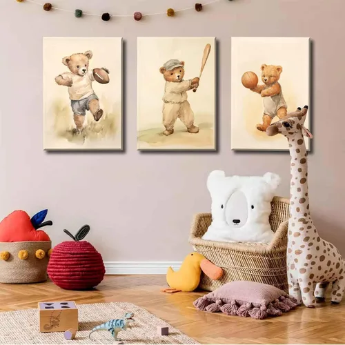 Vista 3 de 3 Piezas Arte de Pared en Lienzo de Animales Osito de Peluche Deportivo para Cuarto de Bebé Lindo Oso Bebé del Bosque Rugby Decoración de Pared