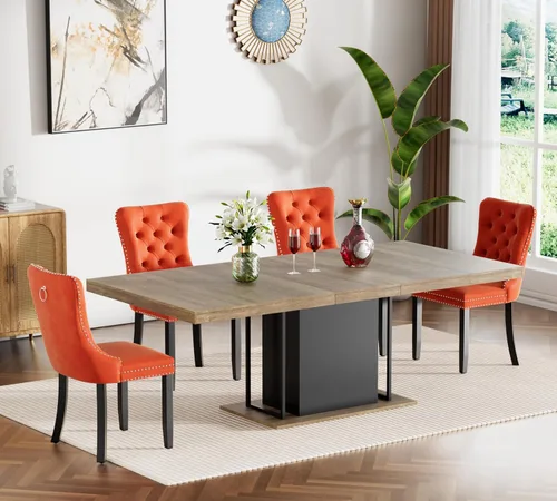 Vista 21 de Juego de mesa de comedor extensible de 5 piezas, juego de mesa de comedor extensible de estilo granja para 4, mesa de cocina expandible de madera
