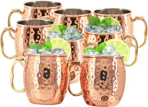 Vista 3 de Juego de regalo de cobre martillado de Moscú con tazas de acero inoxidable con soporte para el pulgar, juego de 12 popotes y 2 jiggers, ideal