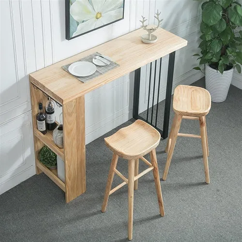 Vista 4 de Mesa de barra de altura nórdica moderna barra de madera maciza para el hogar multifuncional sala de estar Bar con estante Tienda de té con leche