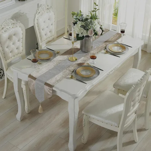 Vista 2 de Camino de mesa largo con lentejuelas y diamantes de imitación y borlas para comedor, Navidad, boda, fiesta, decoración de mesa