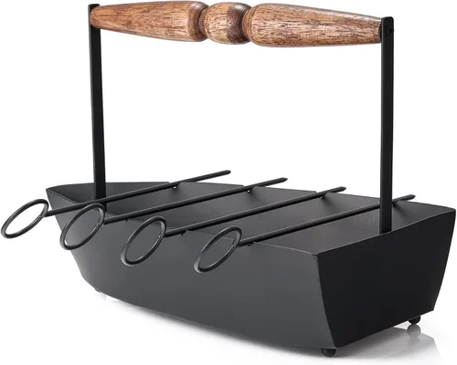 Vista 4 de Plato para servir en forma de hierro con 4 brochetas de barbacoa para parrilla de barbacoa en barco de servir, palitos de barbacoa reutilizables