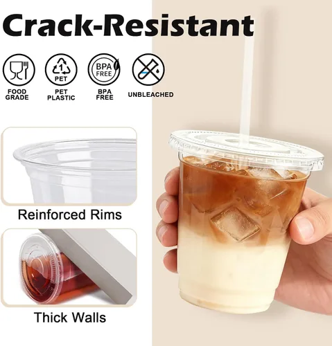 Vista 4 de Lamosi Paquete de 100 vasos de plástico transparente de 12 onzas con tapas y pajitas, tazas desechables para café helado con tapas para bebidas