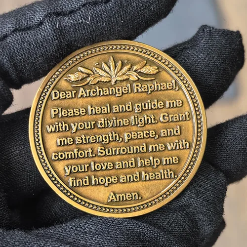 Vista 4 de Moneda curativa Arcángel Rafael, medallón espiritual de 1.57 pulgadas con oración curativa, símbolo de luz divina, regalo motivacional