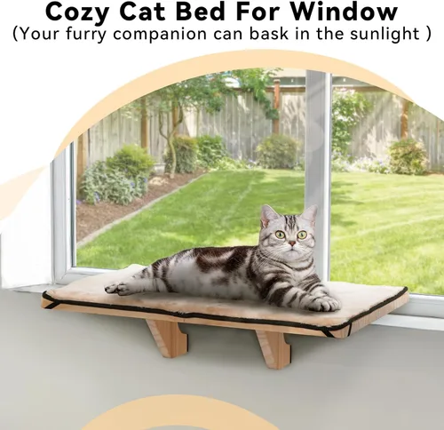 Vista 7 de Percha de Ventana para Gatos Petsfit, Hamaca de Gato de Madera Maciza Natural con Estera de Forro Polar Desmontable, Percha de Ventana Fácil
