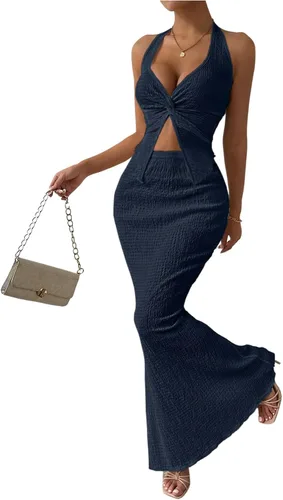 Vista 9 de SOLY HUX - Conjunto de dos piezas de verano para mujer, con parte superior tipo camisola con cuello halter, nudo frontal y falda marrón (Plain Brown)