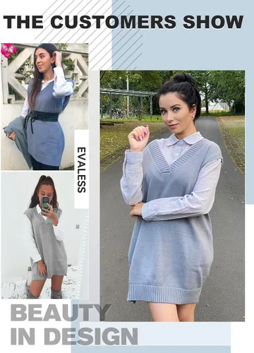 Vista 5 de EVLAESS - Chaleco de gran tamaño para mujer, cuello en V, sin mangas, color sólido, suéter suelto
