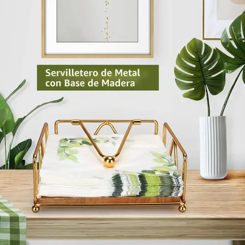 Vista 6 de Servilletero dorado moderno para mesa con brazo pesado, servilletero plano de metal cuadrado para servilletas de granja, bandeja rústica