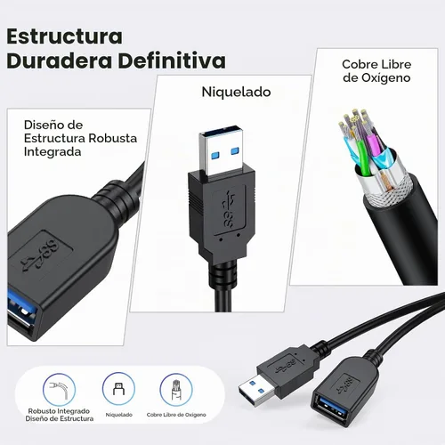 Vista 9 de Paquete de 2 cables de extensión USB 3.0, cable extensor USB 3.0 de transferencia de datos de 5 Gbps y carga rápida de 18 W, cables tipo A macho a