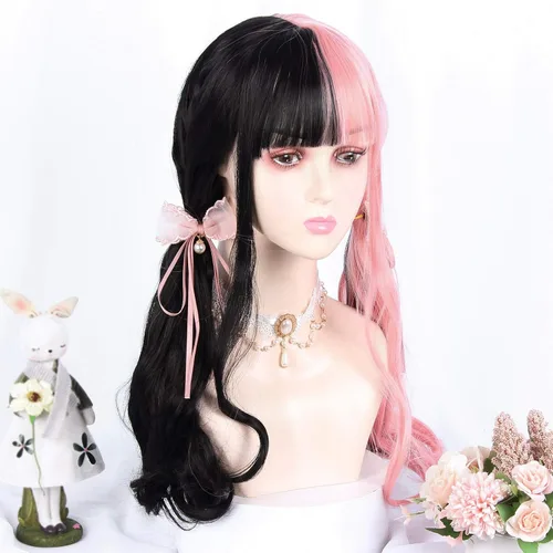 Vista 3 de Peluca larga de cosplay de 24 pulgadas, medio negro, medio rosa, con flequillo, ondulado, Harajuku, linda fiesta diaria, para mujeres y niñas