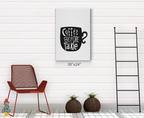 Vista 4 de HB Art Design Taza de café antes de talkie en blanco y negro, arte de pared, decoración de cafetería, decoración de pared de cocina, comedor