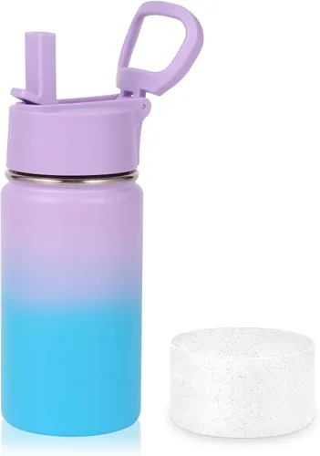 Vista 30 de Volhoply Botella de agua de acero inoxidable aislada de 14 onzas con tapa de pajita y funda de silicona, sin BPA, fácil de usar para niños y niñas