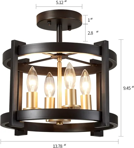 Vista 5 de MEIXISUE Lámpara de techo semiempotrada de 4 luces BK+GD Farmhouse Rustic Vintage Antique Lámpara de techo para pasillo, entrada, cenador, cocina
