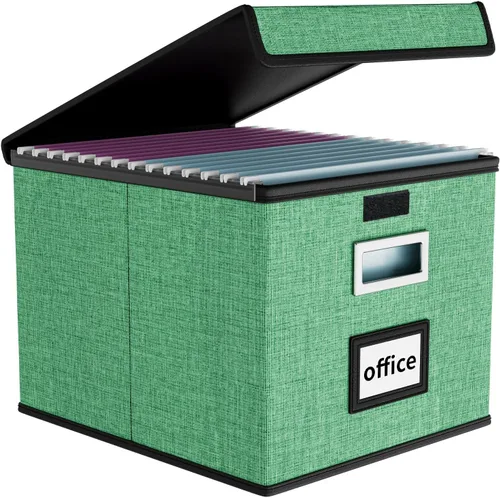 Vista 17 de Caja organizadora de archivos Huolewa con tapa, caja organizadora de carpetas de archivos colgantes de cuero sintético plegable con deslizadores