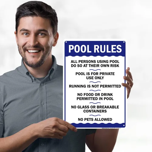 Vista 2 de Letrero de reglas de la piscina, «Swim at Your Own Risk, This is a Private Pool, No Food No Runing, No Glass, No Pets – Cartel de piscina, 10 x 14