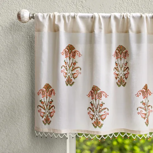 Vista 11 de Saffron Marigold Cortina de cenefa impresa a mano con ribete de cuentas, velo de novia blanco, perfecta para cocina, dormitorio, baño, comercio