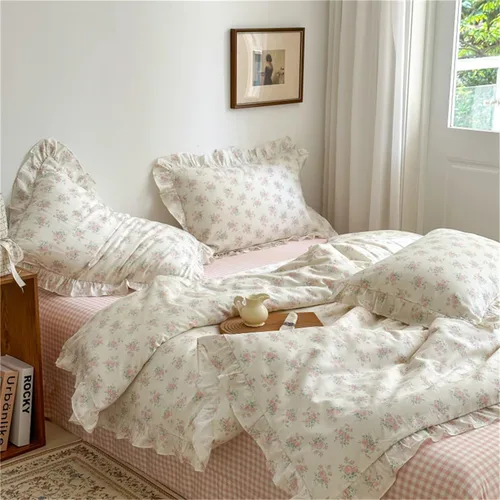 Vista 31 de MKXI Juego de ropa de cama con diseño de corbata de moño linda y rayas de flores rosas, tamaño individual, de algodón - Funda de edredón