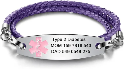 Vista 7 de JF.JEWELRY Pulseras de alerta médica personalizadas personalizadas para mujeres y hombres 3 capas de cuero trenzado negro pulseras médicas