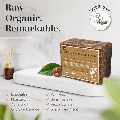 Vista 4 de era of nature El mejor jabón negro africano orgánico crudo, para pieles secas y condiciones de piel. Ingredientes puros y naturales, importados