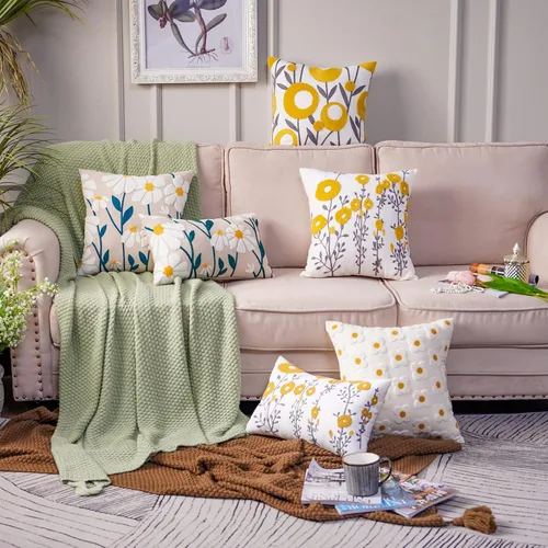 Vista 6 de ARTMAGIC Fundas decorativas para cojín con flores amarillas bordadas, fundas de almohada cuadradas estilo granja para sofá, cama, sala de estar
