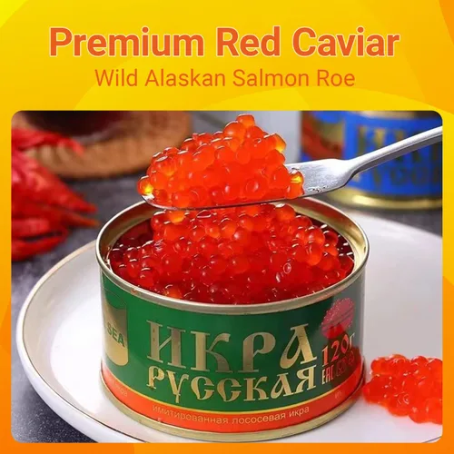 Vista 2 de Comida de caviar rojo de 4.23 onzas, huevas de salmón de imitación Malossol