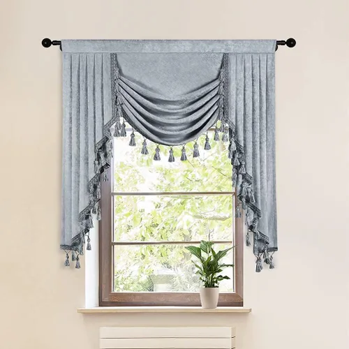 Vista 11 de ELKCA Cenefa de cortina de felpilla beige para ventana de sala de estar, cenefa de cascada para dormitorio, bolsillo para barra