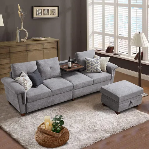 Vista 8 de Sofá Seccional Convertible, Sofá en Forma de L de 4 Asientos con Almacenamiento, Respaldo Alto y Portavasos, Sofás Modernos de Tela de Microfibra