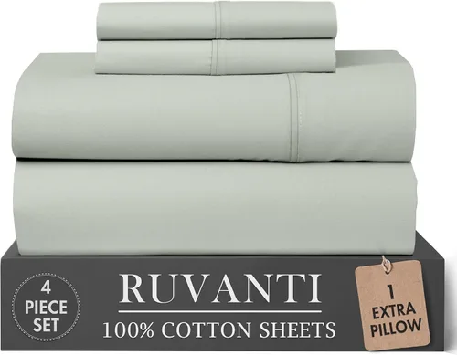 Vista 44 de RUVANTI Juego de sábanas de 4 piezas de algodón 100% natural de percal suave, ligero y transpirable, con bolsillos profundos de 16 pulgadas