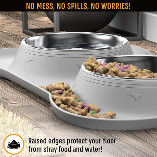 Vista 2 de Active Pets - Juego de tazones para perros, tazones para comida y agua de acero inoxidable a prueba de derrames con alfombrilla de silicona Gris
