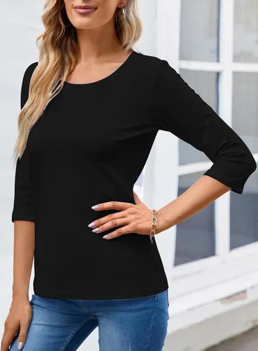 Vista 5 de Camiseta básica de algodón liso liso con cuello redondo y manga 34 para mujer