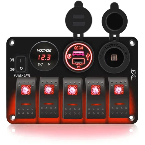 Vista 9 de FXC Interruptor basculante de barco marino impermeable, panel de aluminio de 5 segmentos con ranura USB dual 3.1A + medidor de voltios, luz LED azul