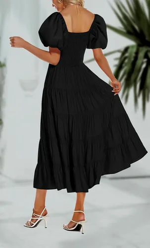 Vista 5 de Funlingo Vestido midi de manga corta abombada para mujer, estilo casual, cuello cuadrado, fruncido, acampanado, escalonado, para verano 2023