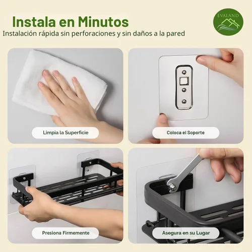 Vista 3 de EVALAND Paquete de 2 soportes adhesivos para ducha con ganchos y barra para toallas, color negro, estantes de ducha de baño de alta calidad