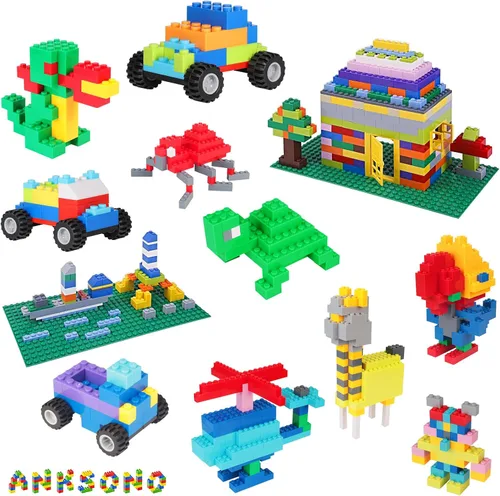 Vista 3 de 1000 ladrillos de construcción, bloques de construcción clásicos a granel para niños con 12 accesorios de ruedas, ventanas, puertas, 2 paquetes