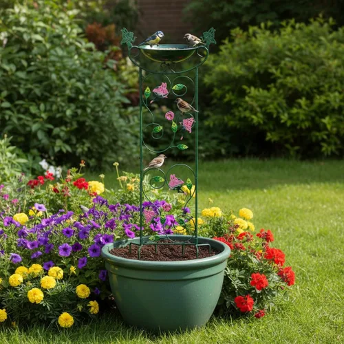 Vista 5 de HONGLAND Baño de metal para pájaros de 36.5 pulgadas con enrejado, baño para pájaros de jardín al aire libre con cuenco desmontable y soporte