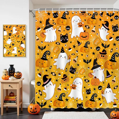 Vista 2 de Mocsicka Cortina de ducha de fantasma, fantasma, fantasma, caricatura, gato, calabaza, cortina de ducha de tela impermeable para Halloween