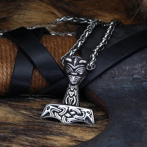 Vista 4 de Collar de Mjolnir de Thor para hombre, regalo vikingo de cuervo para hombre, joyería nórdica Odin con bolsa de regalo Valknut, Acero inoxidable, No