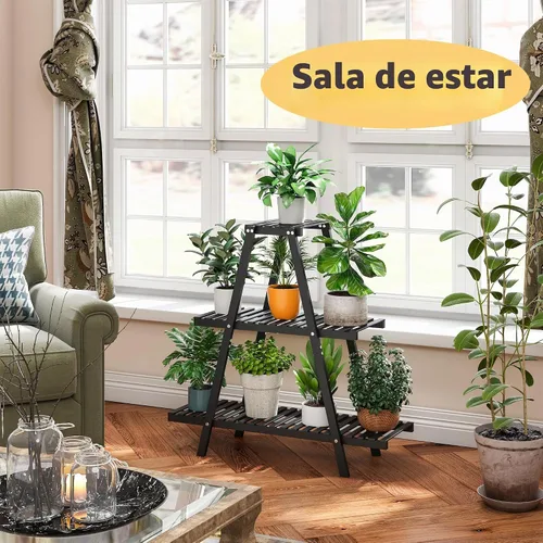Vista 3 de Soporte de bambú para plantas interior/exterior, 3 niveles, negro, rectangular, 8 macetas para flores, estante para plantas