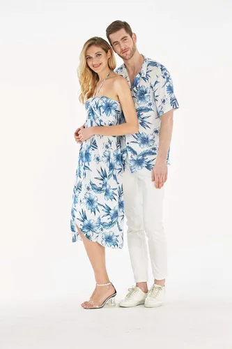 Vista 4 de Conjunto de traje de fiesta hawaiano Luau a juego para parejas, vestido camisero en negro Rafelsia