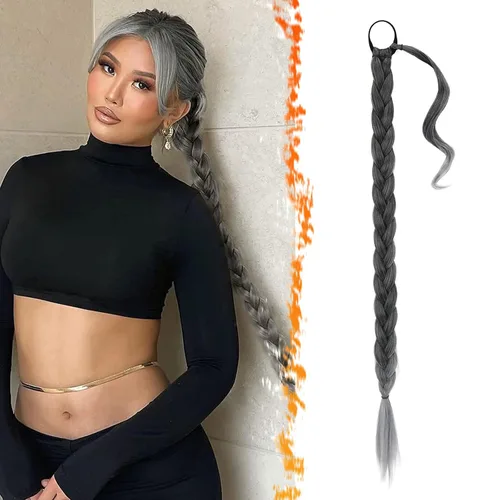 Vista 26 de Barsdar Extensión de 26 Pulgadas de Cola de Caballo Trenzada Larga con Banda Elástica - Extensiones de Cabello en Cola de Caballo Recta y Elegante