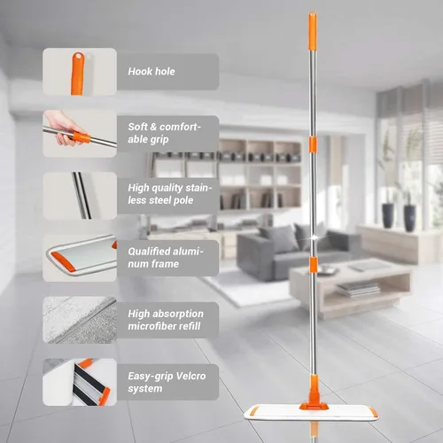 Vista 2 de Trapeador plano de microfibra húmedo-seco con mango ajustable de acero inoxidable de 51 pulgadas, 4 almohadillas reutilizables para trapear húmedo
