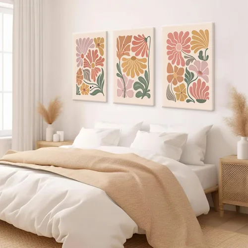 Vista 2 de TBKHUDBI Lienzo de flores bohemias para pared, impresiones florales abstractas, juego de 3 pósteres minimalistas de pintura botánica, mercado