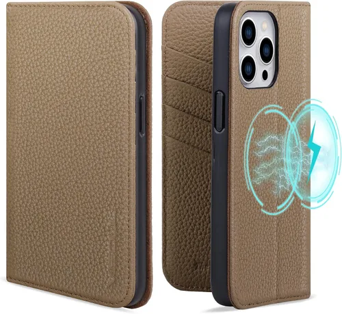 Vista 9 de VISOUL Pebbled - Funda de piel auténtica para iPhone 15 Pro Max con tarjetero y función atril magnético para iPhone 15 Pro Max (6.7 pulgadas)