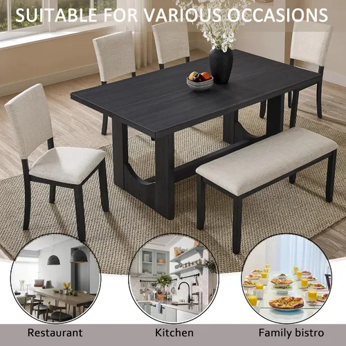 Vista 3 de Juego de mesa de comedor de 6 piezas con banco y 4 sillas Negro Beige-1